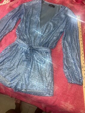 On Twelfth Blue Sequin Long Sleeve Faux Wrap Romper w/ pockets “Like New”